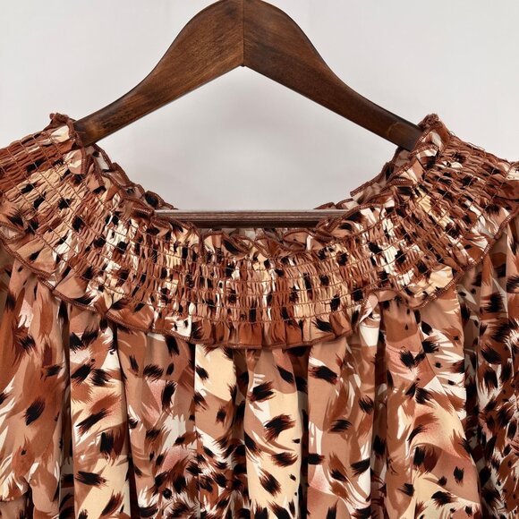 Patrizia Luca Smocked Blouse Size S Brown Animal Print Ruffle Long Sleeve Top - Picture 6 of 8